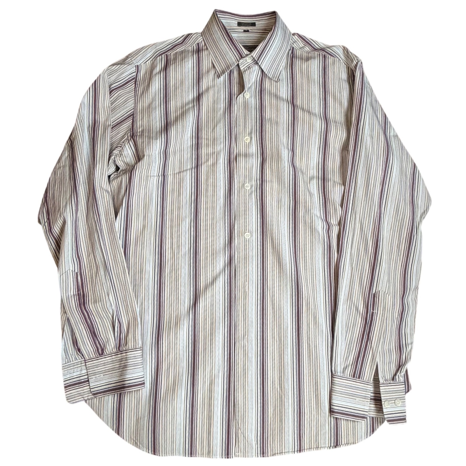Salvatore Ferragamo Mens Striped Button Down Shirt Brown Blue Cotton Italy L